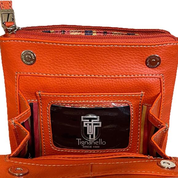 Tignanello Organizer Crossbody Poppy Orange Leather Soft Pebble Handbag New - Picture 7 of 10